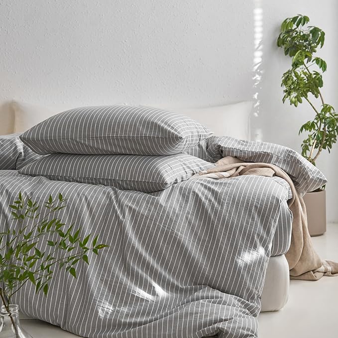 MooMee Striped Duvet Cover Set 100% Washed Cotton Linen Like Textured Breathable Durable Soft Comfy (Light Grey White Wide Stripes, Twin 68"x90")