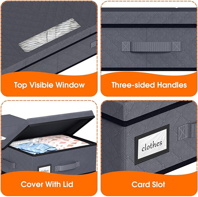 Under Bed Storage Containers with Lids - 2 Pack, Foldable and Stackable Clothes Storage Bags with Clear Window, 3-Sided Handles and Label Slot for Clothing, Blankets, Pillows (Grey)