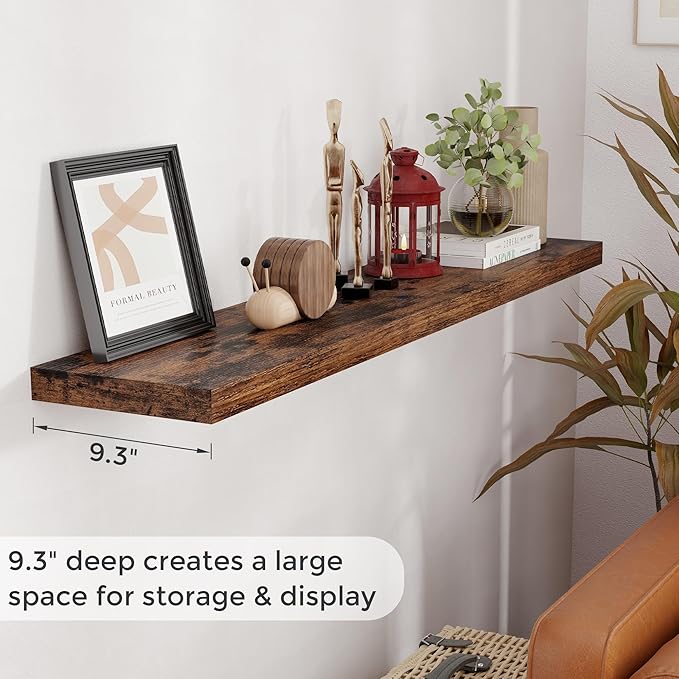55 Inch Floating Shelves for Wall Set of 2, 55x9.3 Large Floating Shelf for Bedroom, Kitchen, Bathroom, Wall Mounted Rustic Wood Shelves with Invisible Bracket for Books, Decor, Rustic Brown