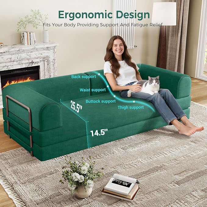 4-in-1 Folding Convertible Sofa Bed, 78 Inch Boneless Couch with Fixed-Shape Frame, Corduroy Loveseat Sleeper with Pull Out Bed, Floor Sofa Modular Futon Couch for Living Room Bedroom Lounge