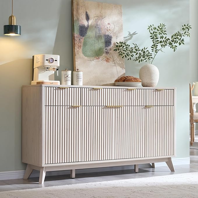 T4TREAM Large Buffet Sideboard Cabinet with Storages, 60" Fluted Modern Buffet Table Coffee Bar Wine Bar Storage Cabinet with 3 Drawers & 4 Doors for Dining Room, Living Room, Hallway(White Alder)