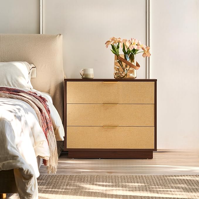Saint Mossi Modern Nightstand with 3 Drawers, Large Rattan Night Stand, Natural Wood Bedside Table Storage Cabinet, Sofa End Tables Dresser for Living Room, Hallway, Closet, D27xW16xH23
