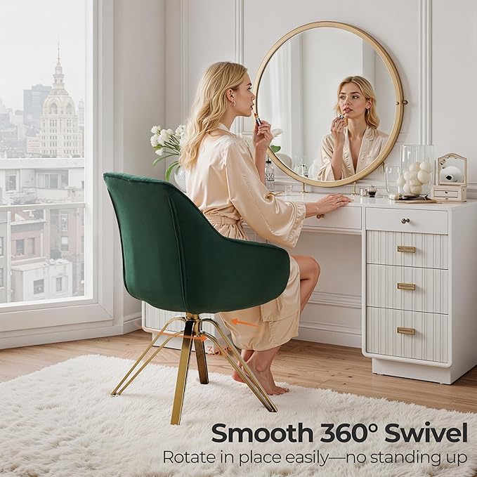 Zouron Mid Century Modern Swivel Accent Chair with Gold Metal Legs, Upholstered Swivel Chair No Wheels, Side Accent Arm Chair Vanity Chair for Small Space Home Office Living Room Bedroom, Green