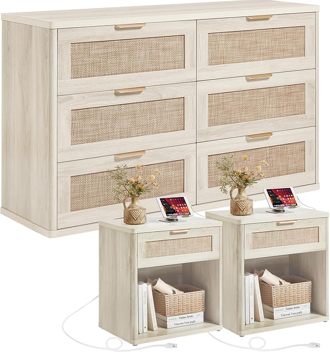LEYAOYAO Rattan Dresser and Nightstand Sets 3 Piece, Boho Wood Dresser for Bedroom with 6 Drawers and Night Stand with Charging Station, Bedroom Furniture, Dressers & Chests of Drawers, Living Room