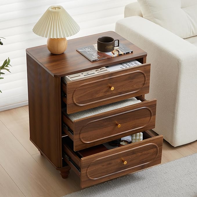 3 Drawer Fluted Dresser for Bedroom, Mid Century Modern Chest of Drawers, Wood Storage Small Dresser Organizer for Bedroom Living Room Hallway Closet, Walnut