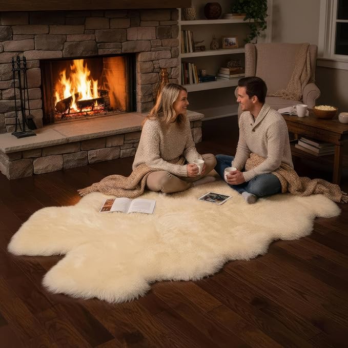 Premium Genuine Sheepskin Rug 4x6 ft, Real Fluffy Quad Pelt, Natural Fluffy Fur Area Rug for Living Room, Bedroom & Home Decor - Champagne Color