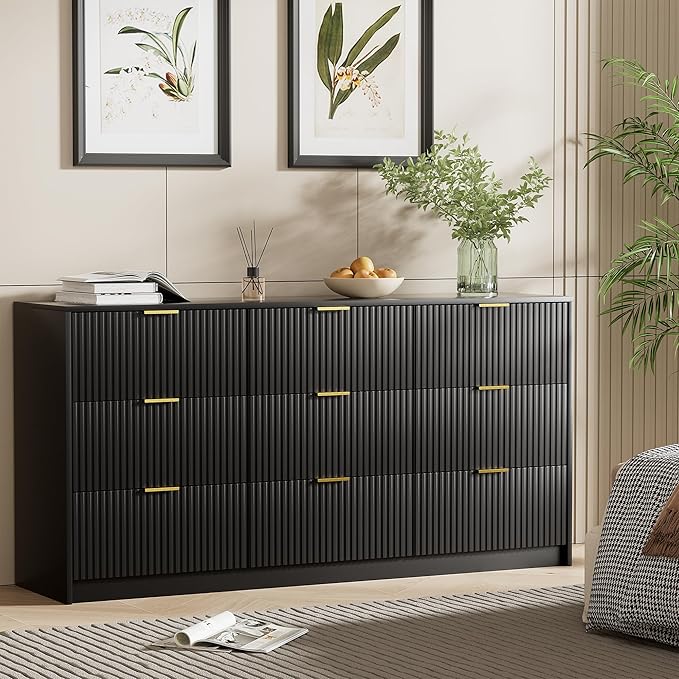 Black Dresser for Bedroom, Modern Dresser with 9 Drawers and Smooth Slides, Wide Chest of Drawers with Golden Handles for Bedroom, Living Room, Closet, 15.7" D x 63" W x 31.5" H