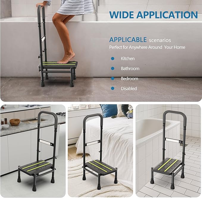 Packve Step Stool with Handle for Elderly, Adjustable Handrail & Leg, Sensor Light, Medical Stepping Stools for High Bed Mobility & Daily Living Aids, Bedside Car Stair Lift for Senior Adults 350lbs
