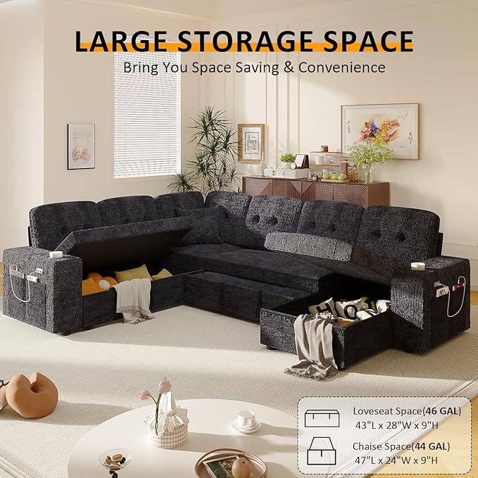 Modular Sectional Sleeper Sofa with Pull Out Bed, U Shaped 7 Seat Sectional Couches for Living Room, 108 Inch Sofa Bed with Adjustable Backrest | Hidden Storage | Wide Armrest | Navy Blue