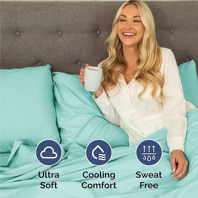 Twin XL 4 Piece Sheet Set - Cooling, Comfy & Breathable - Hotel Luxury Bedding, Includes Fitted Sheet for Women, Men, Kids & Teens - 1 Flat, 1 Fitted Sheet, 2 Pillowcases with Deep Pockets - Spa Blue
