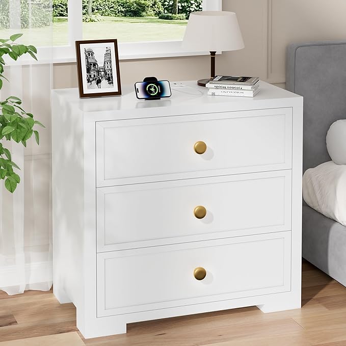 COWMOU Nightstand with Drawers 3 Drawer Night Stand with Charging Station Farmhouse Style Large Bed Side Table Wooden Dresser for Bedroom Living Room (1, White)
