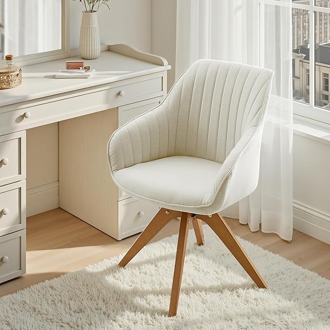Zouron Mid Century Modern Swivel Accent Chair, Vanity Chair with Wooden Legs, Upholstered Arm Chair No Wheels, Accent Side Chair for Small Space Home Office Living Room Bedroom, Raw White
