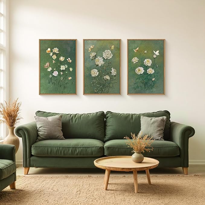 LHIUEM Vintage Moody White Roses Framed Canvas Wall Art,Abstract Flower Green Wall Decor,Nature Floral Butterfly Wall Painting,Aesthetic Blossom Artwork for Living Room,Dining Room,Office-24 x36 x3