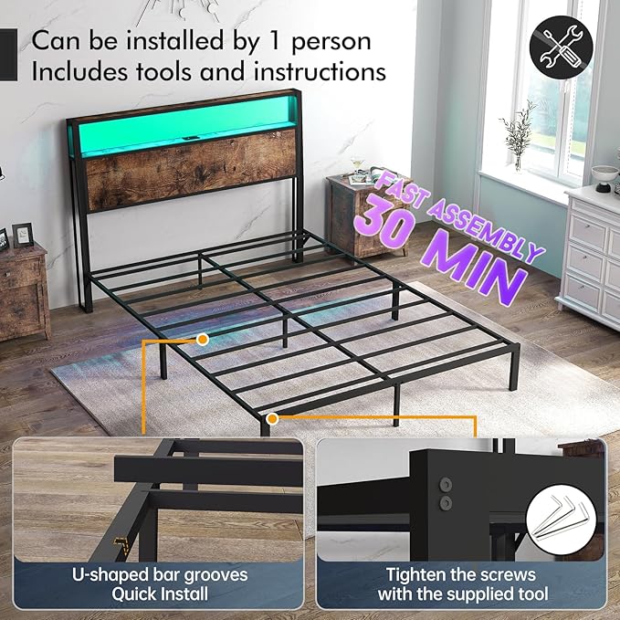 Full Size Bed Frame with 2-Tier Storage Headboard with Charging Station and 12 Color LED Lights,2 Tier Solid Wood Headboard Storage,Noise Free, No Box Spring Needed,Remote Control/Vintage Brown