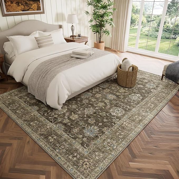 Washable 6x9 Area Rugs for Living Room, Boho Non-Slip Vintage Distress Large Rugs for Bedroom Dining Room Nursery Office, 0.3" Neutral Oriental Throw Thin Carpet, Tan/Flaxen/Multi