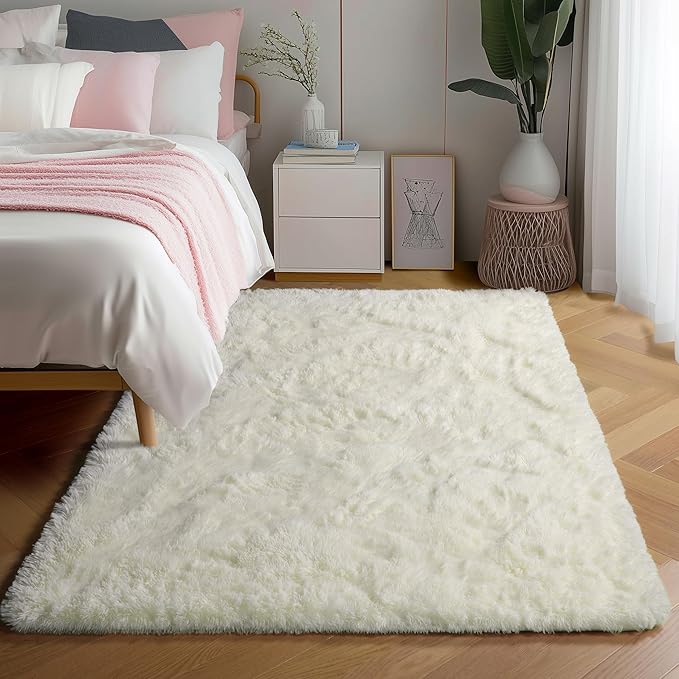 PAGISOFE White Fluffy Shag Machine Washable Area Rugs for Living Room 5x7 Ft,Cream White Soft Shaggy Rugs for Bedroom,Office Ivory Carpet Boys Girls Dorm Pastel Rug for Kids Room Home Decor Aesthetic