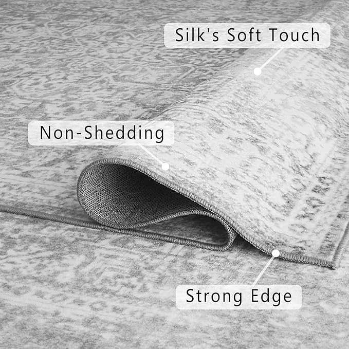 vivorug 9x12 Neutral Area Rugs, Stain Resistant Washable Rug for Living Room, Vintage-Inspired (Ivory/Silver, 9'x12')