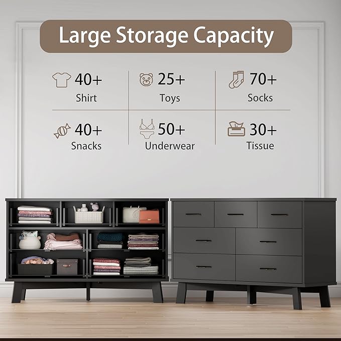 Dresser for Bedroom with 7 Drawer, Wood Modern Chest of Drawers with X-Shaped Sturdy Base, Wide Double Dresser Closet Clothes Storage Organizer, Wooden TV Stand for Living Room, Hallway, Black