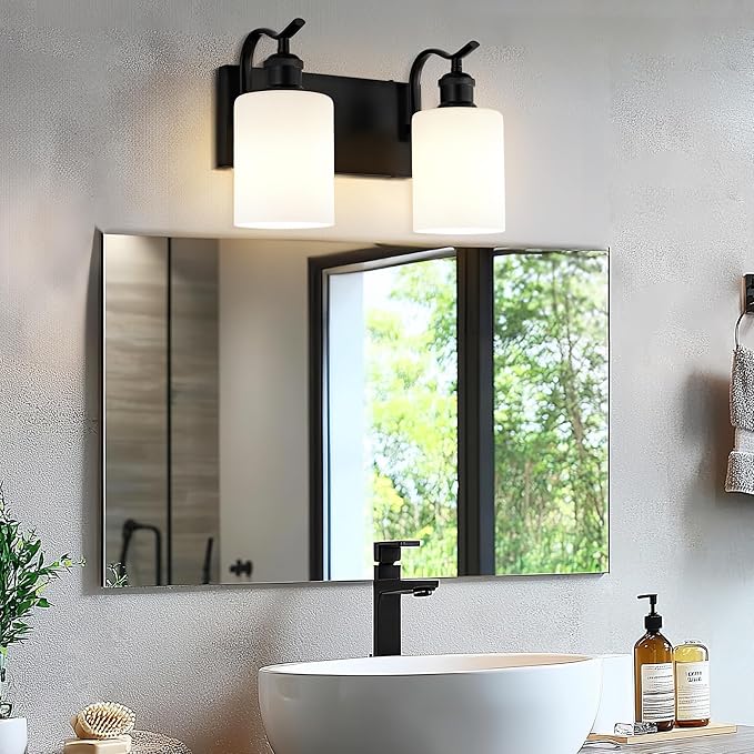 Black Vanity Light, 2-Light Bathroom Light Fixture, Modern Wall Sconce with Milk Glass, VL01BKW-2