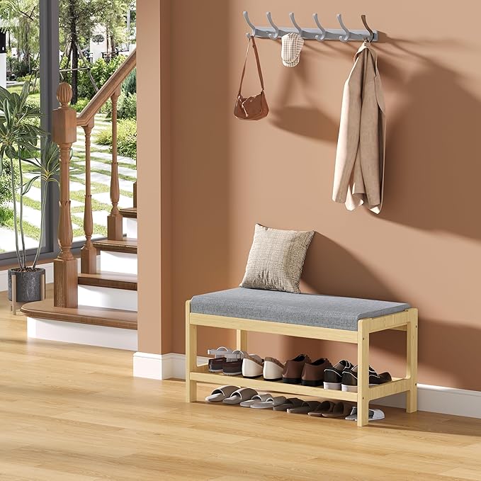 Shoe Bench Entryway, Solid Wood 2-Tier Shoe Rack Bench with Padded Seat, Shoe Organizer for Hallway Living Room, Mudrooms, Natural