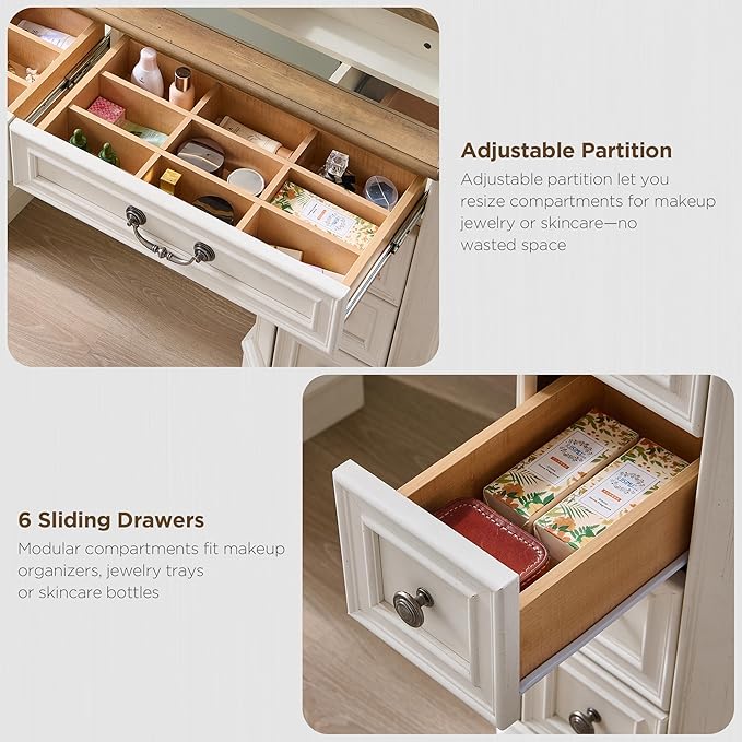 T4TREAM Vanity Desk with Mirror and Lights, 48'' LED Lights Makeup Vanity with 8 Drawers, Farmhouse Vanity Table with 3 Color Modes, Dressing Table with Glass Top and Power (Antique White)