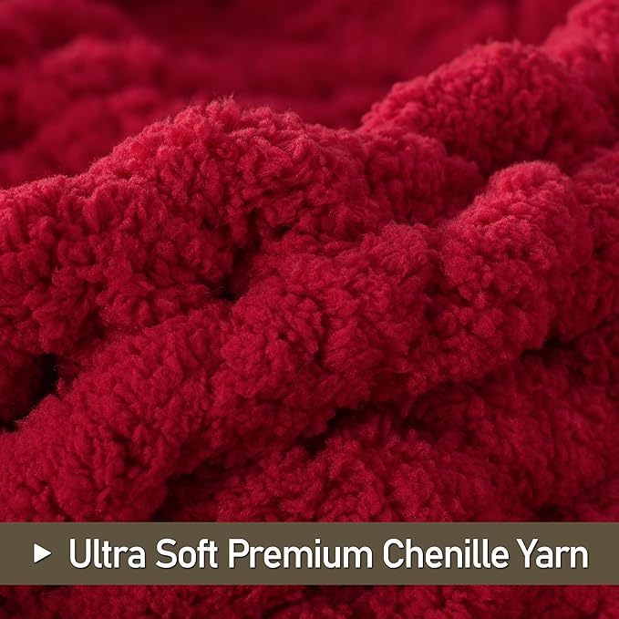 Chunky Knit Throw Blanket 50"X 60", 100% Handmade with Soft Chenille Yarn, 4.4lbs Thick Cable Knitted Blankets, Large Rope Knot Crochet Throws for Couch Sofa Bed Home Decor, Red