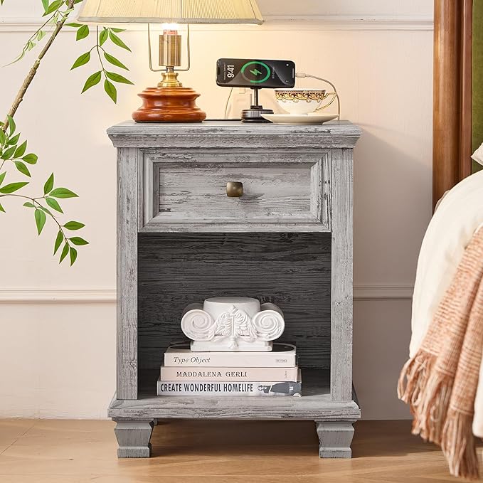SAVOR LIFE Farmhouse End Tables Living Room Set of 2, Rustic Wood Nightstand with 1 Drawer, Bedside Table with Open Shelf for Bed Room, Side Table for Living Room, Grey