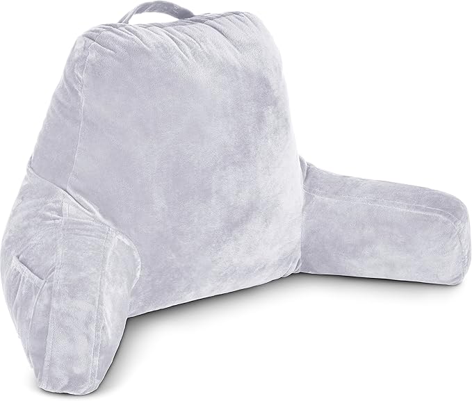 Husband Pillow Light Grey, Original Reading Pillow in Bed Rest Chair, Shredded Memory Foam Large Lounge Cushion Adult Backrest with Arms, Comfy Back Support for Sit Sitting Up, Wash/Removable Cover