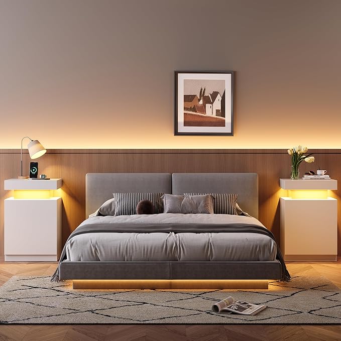 MXV Nightstand Set of 2 with LED Lights,Night Stand with Storage Cabinet for Bedroom,Bedside Table with LED (White, 17.7IN)