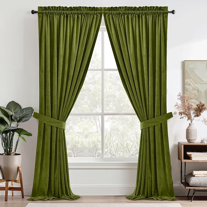 StangH Olive Green Velvet Curtains 102 inches Long 2 Panels for Christmas Decor, Room Darkening Warming Drapes Privacy Protect Cold Blocking for Dining Room/Hotel Hall, W52 x L102
