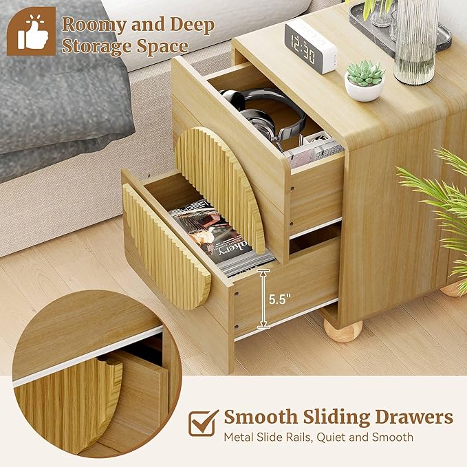 23" Nightstand with Solid Wood Legs, Modern Style Bedside Table with Round Moon Handle & Storage, Mid Century Cute Night Stand for Bedroom, Side Table, End Table, Natural Oak