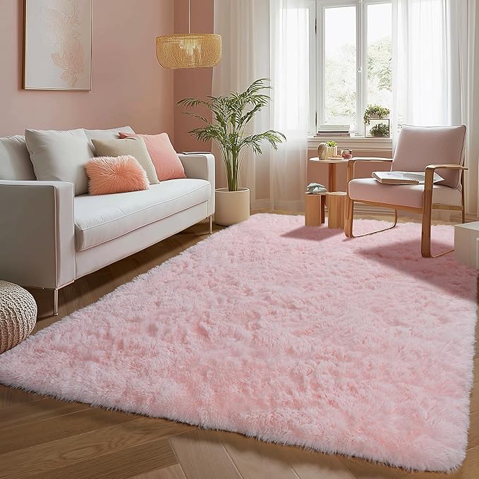 PAGISOFE Pink Rugs for Girls Bedroom 4x6 Ft Fluffy Cute Girls Room Decor Aesthetic Area Rugs Kawaii Baby Nursery Rugs Plush Playroom Shag Teen Girl Rug Thick Fur Dorm Rug Living Room Carpet