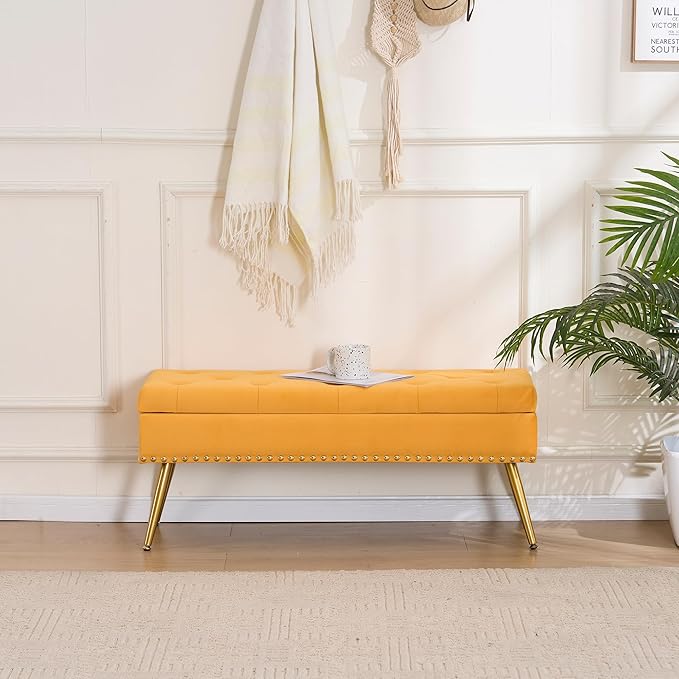Velvet Storage Bench with Gold Legs& Nailhead Trim, 40" Wide Upholstered Modern Bedroom Bench for End of Bed, Tufted Ottoman for Entryway Living Room Dining Room (Mustard Yellow, 40" Wide)