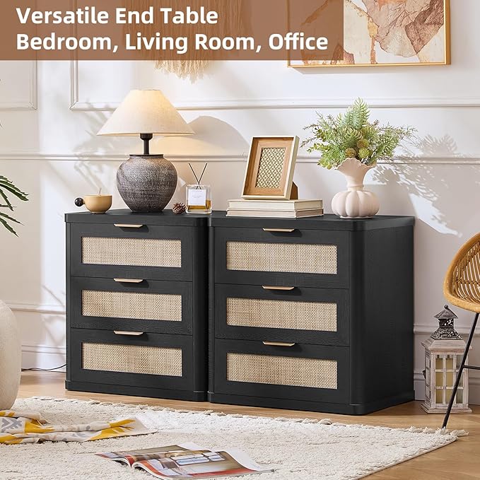 LEYAOYAO Rattan Night Stand with Drawers, 23" Large 3 Drawer Boho Nightstand, Black Bedside Table Storage Cabinet, Bed Side End Tables Dresser for Bedroom, Living Room, Hallway, Closet