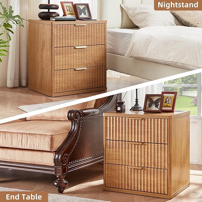 LEYAOYAO Fluted Dresser and 3 Drawers Nightstand Set of 2, Wood 48" Wide Dresser & 23" Night Stand with Charging Station, 3 Piece Bedroom Furniture Set, Chest of Drawers for Home,Living Room,Brown