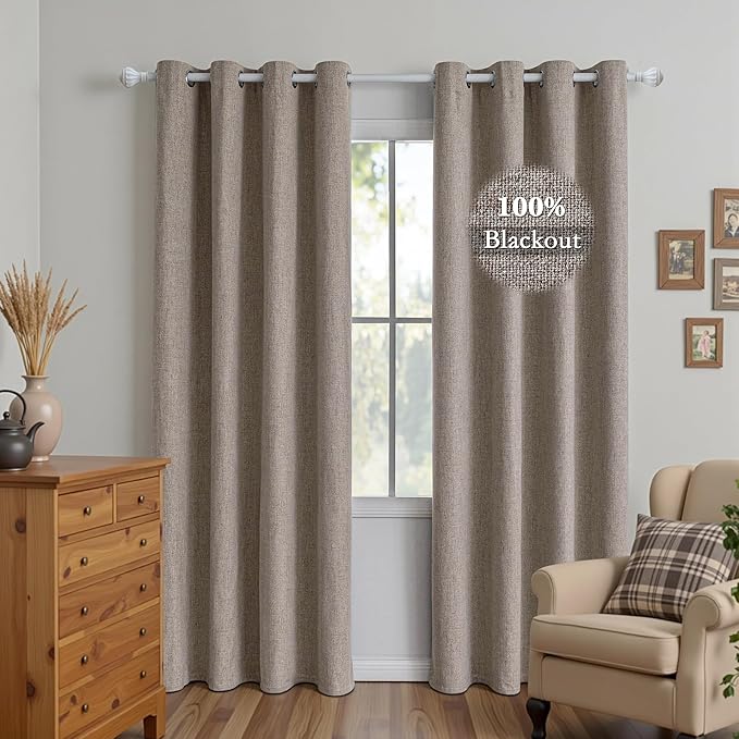 100% Blackout Curtains 72 Inch Length 2 Panels Set, Linen Curtains for Living Room, Black Out Thermal Insulated Grommet Drapes Bedroom Luxury Decor Privacy(52W × 72L inch, Linen)