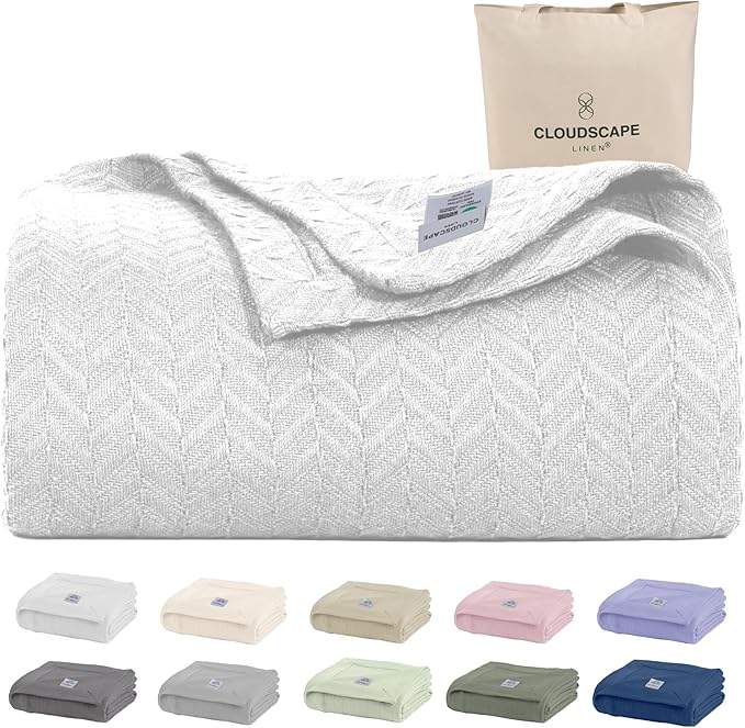 Cloud Scape Linen 100% Cotton Blanket King 92x108 White - Cozy Herringbone Weave, Fits Up to Cal King Beds, Breathable Softness, All-Season Warmth, Heavy Layering Winter Blanket