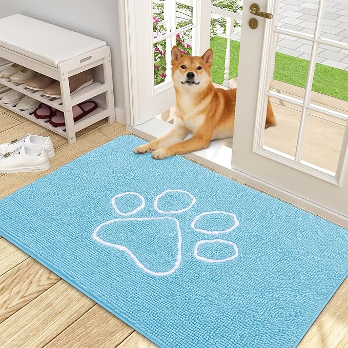 OLANLY Dog Door Mat for Muddy Paws 48x30, Paw Print Design, Absorbs Moisture and Dirt, Absorbent Non-Slip Washable Doormat, Quick Dry Chenille Mud Mat for Dogs, Entry Indoor Entryway Carpet, Blue
