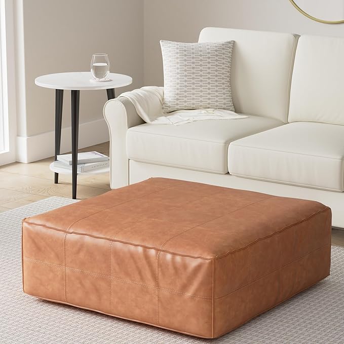 POLY & BARK Taos Ottoman – 37" Square Pouf with Feather-Down Topper – Full-Grain Leather Upholstered Pouf Ottoman for Living Room – Vintage Italian Leather in Cognac Tan