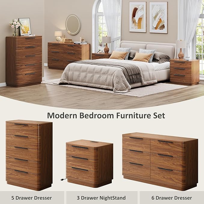 5 Drawer Dresser for Bedroom, 45" Tall Modern Chest of Drawers with Metal Handle, Curved Profile Design, Wooden Closet with Large Drawers Dressers Organizer for Entryway Hallway