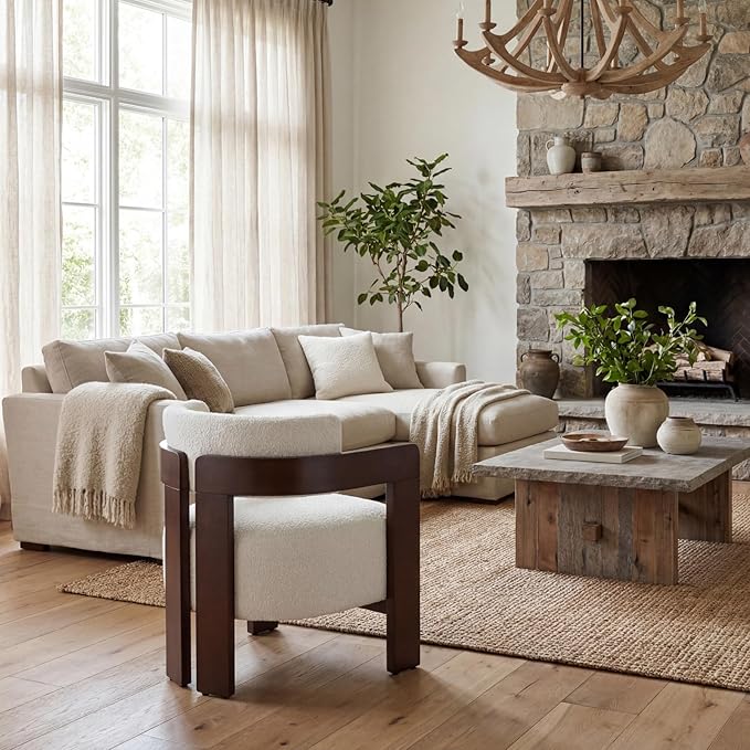 Beige Barrel Accent Chair, Cozy Upholstered Living Room Chair for Bedroom, Walnut Wood Frame, Vintage Modern Lounge Reading Chair for Apartment Waiting Room Office,1 PCS, Beige