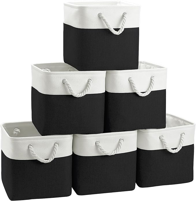 Large 11x11 Inch Cube Storage Bins with Cotton Handles for Closet, Shelves, Clothes, Towel (White/ Black-6 Pack)