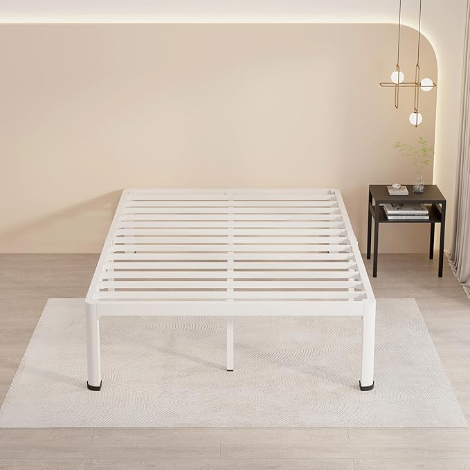 MAF 20 Inch Full Size Bed Frame White with Round Corner Legs Mattress Slide Stopper No Box Spring Needed Heavy Duty Metal Platform Bed Frames Under-Bed Storage Space, 3000 LBS Steel Slats Support