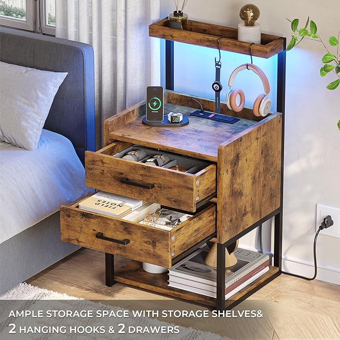 VIAGDO Nightstand with Charging Station and LED Lights, Rustic Brown Bedside Night Stands with 2 Drawers and Open Storage Shelves, Modern End Side Tables for Bedroom,Office