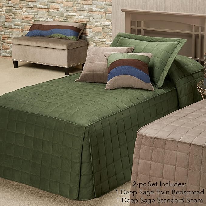 Touch of Class Camden Luxury Bedding | Warm Deep Sage Color | Classic Fitted Bedspread | Faux Suede Box Quilted Design | Designed 2 Piece Set Includes Twin Bedspread and 1 Standard Sham