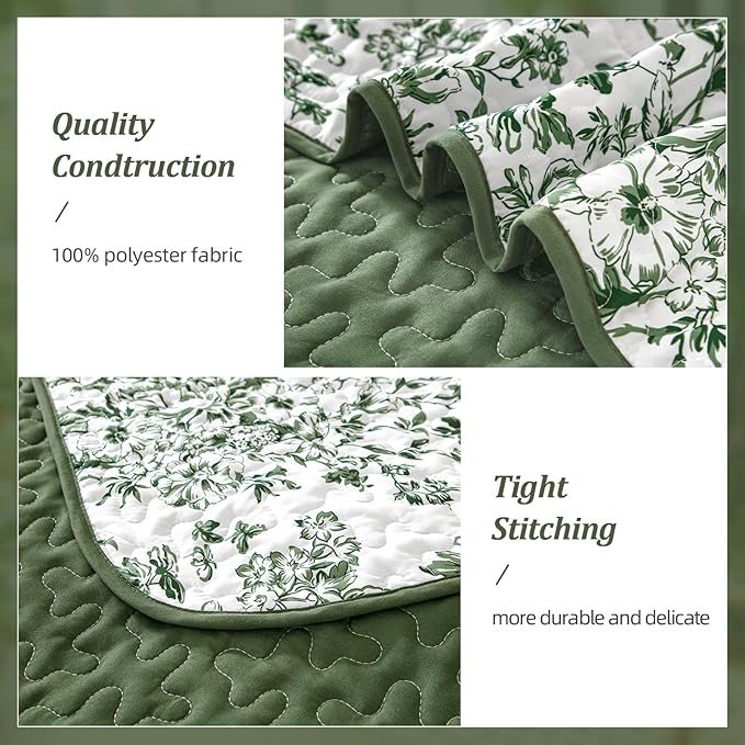 WONGS BEDDING Quilt King Size, Green Quilt Bedding Set with 2 Pillowcases, Botanical Quilt for King Bed, Soft Microfiber Lightweight Coverlet Bedspread for All Season (110"×90", 3 Pieces)