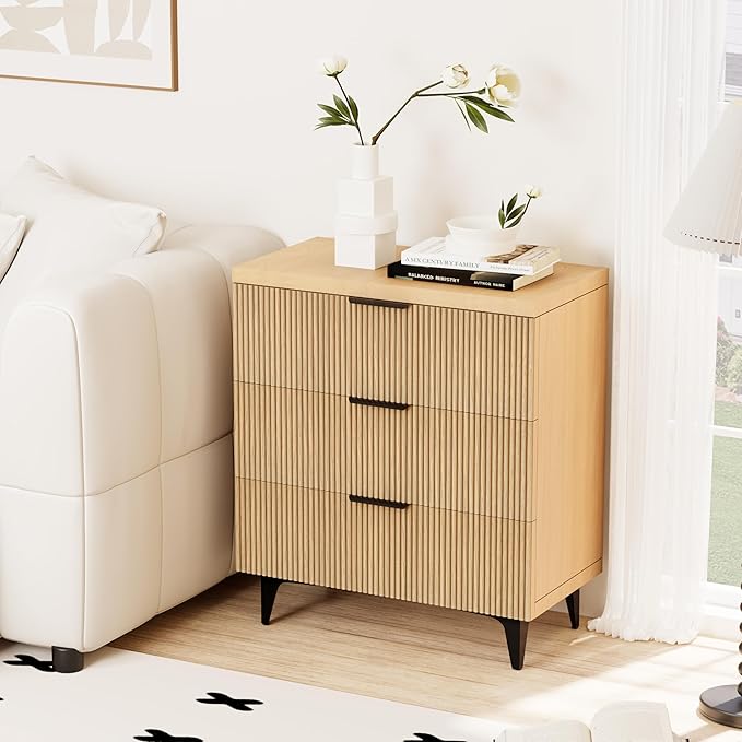 Royal Windsor Fluted Nightstand with 3 Drawers, Side Table End Table, Accent Storage Cabinet,Modern Night Stand Bedside Table for Bedroom,Natural Oak