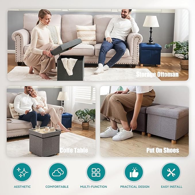 BRIAN & DANY Ottoman with Storage, Small Storage Ottoman for Dorm, Linen Folding Ottoman Foot Stool with Legs for Living Room and Bedroom, 15"x15"x15" - Light Gray