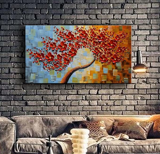 YaSheng Art - large size Red Flower Canvas Wall Art handpainted Contemporary Art Oil Painting On Canvas Texture Abstract 3D Tree Paintings Modern Home Decor Wall Art for living room Ready to hang 24x60inch