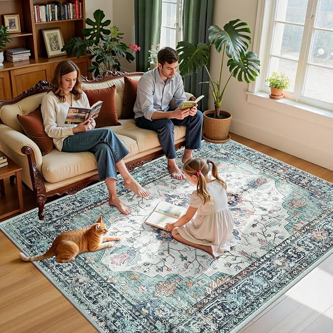 Area Rugs 6'x9' Washable Non-Slip, Floral Vintage Distress Print Pattern Medallion Carpet for Living Room Bedroom Dining Room, Green Navy Blue White Red Teal Colorful